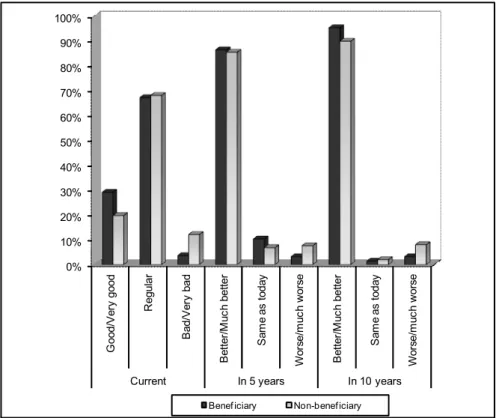Figure 1. Differences in the perceptions of current and future quality of life by FGP beneficiaries and non-beneficiaries (in percentages).