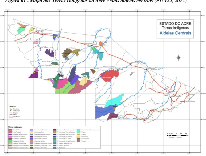 Figura 01 - Mapa das Terras Indígenas do Acre e suas aldeias centrais (FUNAI, 2012) 
