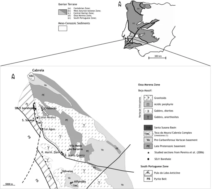 Fig. 1. Simpliﬁed geologic map of the southwestern border of the Ossa Morena Zone (OMZ) and South Portuguese Zone (SPZ), with the location of the studied borehole SDJ1 and Santa Susana region.