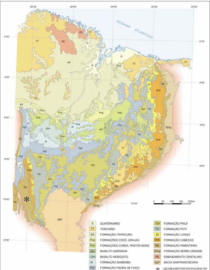 Figura 3. Mapa geológico das bacias do Parnaíba, Grajaú e São Luís com a localização dos  afloramentos com ocorrências de braquiópodes, Município de Palmas, Estado do Tocantins,  Brasil