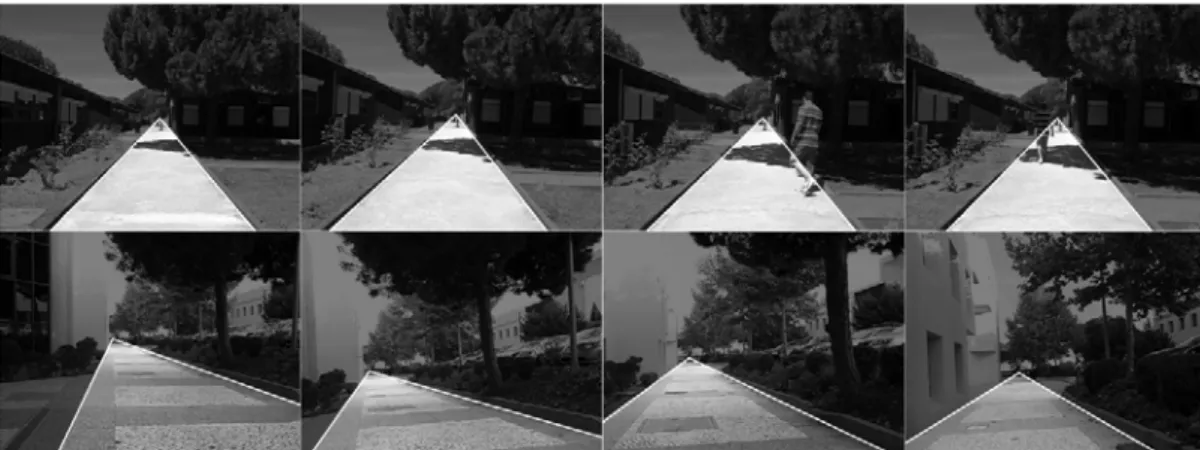 Figure 5. Frames of two sequences with detected borders (white lines), the path being highlighted
