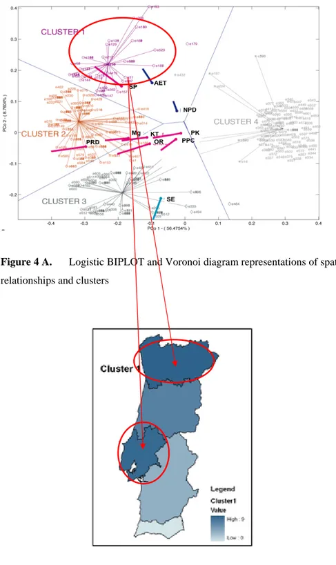 Figure 4 A.   Logistic BIPLOT and Voronoi diagram representations of spatial  relationships and clusters 