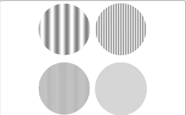 Fig. 1 Vertical sinusoidal grating stimuli. At the top, from left to right: spatial frequencies of 0.6 and 2.5 cpd (cycle per degree of visual angle)
