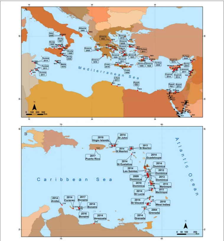 FIGURE 4 | Geographic distribution of published studies on Halophila stipulacea from its historical and more recent invaded habitats (red color) in the Mediterranean (A) and Caribbean (B) Seas