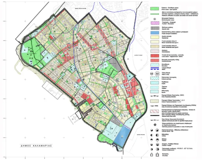 Figure 1. Masterplan of Kalamaria municipality showing the green areas and the green infrastructure network for the unification of public use areas and social services