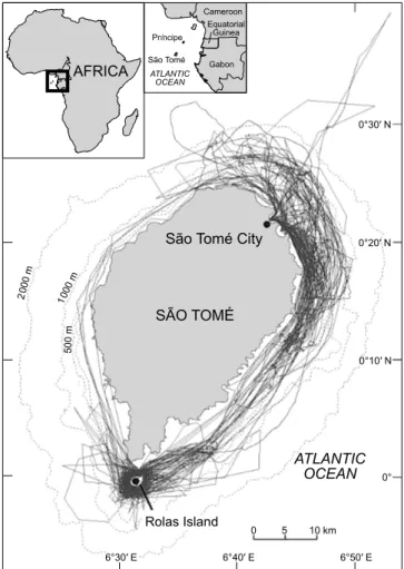 Figure 1: Map showing the survey effort carried out around São  Tomé Island, 2002–2006 