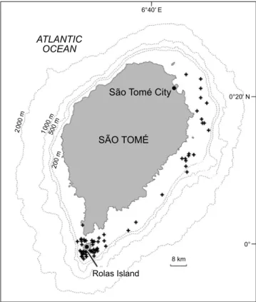 Figure 3: Sightings of humpback whale groups around São Tomé  Island, 2002–2006 