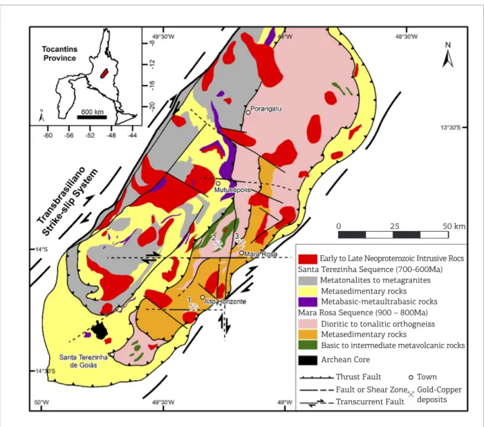 Figure 3. Schematic map of the Mara Rosa arc, the Tonian terrane (pre-Brasiliano evolution, island arc) of the  northern central part of the Tocantins Province