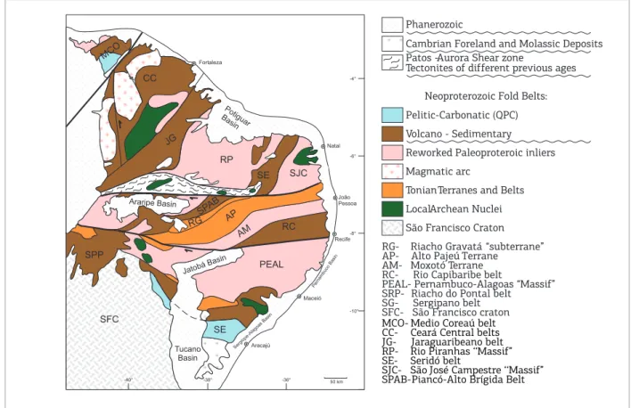 Figure 1. The Borborema Province, northeast of South America. Scheme of the main basement inliers and fold  belts (including cryogenian-ediacaran magmatic arcs)