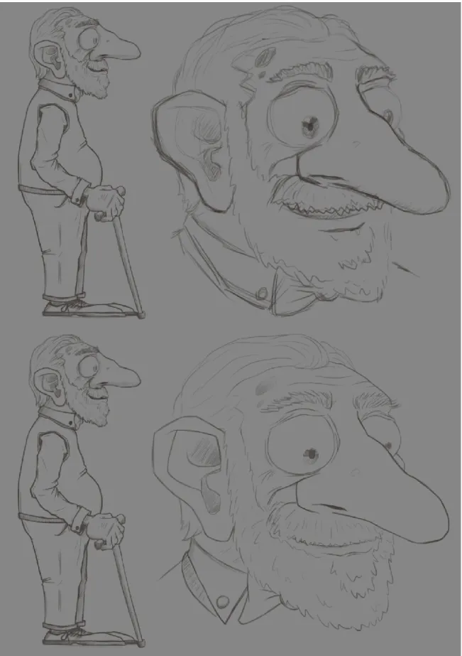 Figura 14: Criação do concept art da personagem Alfredo, nomeadamente esboço e clean up