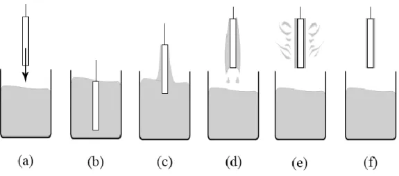 Fig. 1.4 - DCD stages: (a)(b) bath of the substrate on the precursor, (c)(d) substrate removal of  reservoir and precursor drain out and (e)(f) evaporation of solvents