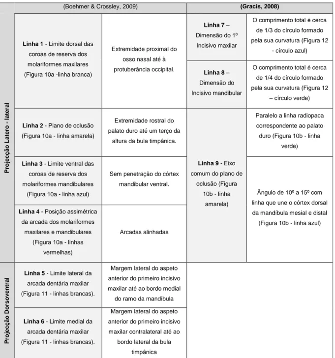 Tabela 1 - Linhas radiográficas de referência para os molariformes na radiografia LL e DV do  crânio do coelho