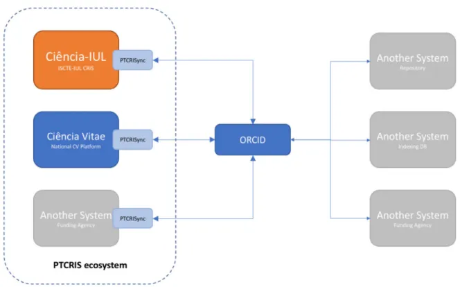 Figure 1 - The PTCRIS ecosystem and the connection to the central hub, ORCID