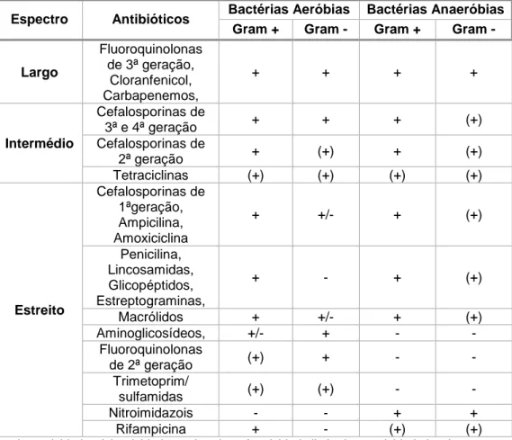 Tabela 1 - Atividade bacteriana dos diversos antibióticos. Adaptado de Giguère et al, 2013