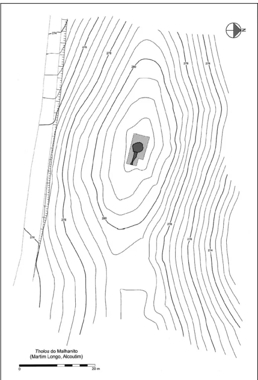 FIGURA 2. Tholos do Cerro do Malhanito. Levantamento topográfico da área envolvente, à escala original de 1/200 (realizado pelo GAT/Tavira).