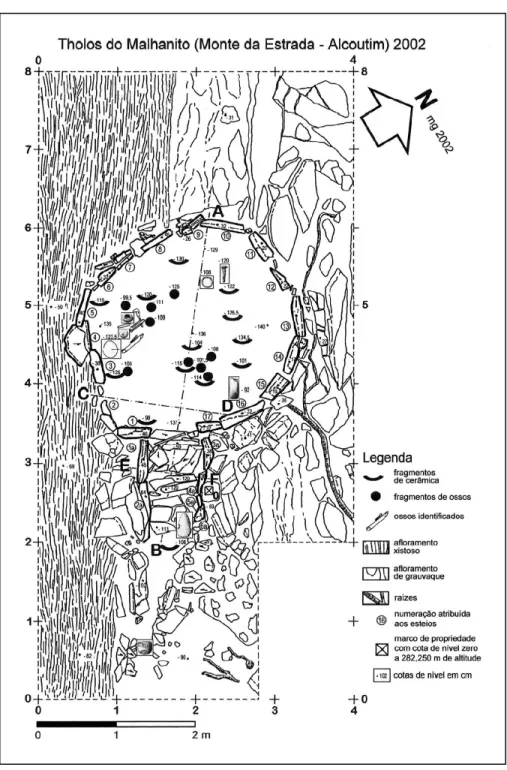 FIGURA 3. Tholos do Cerro do Malhanito. Planta do monumento e da área escavada envolvente, com a localiza- localiza-ção dos principais materiais arqueológicos exumados.