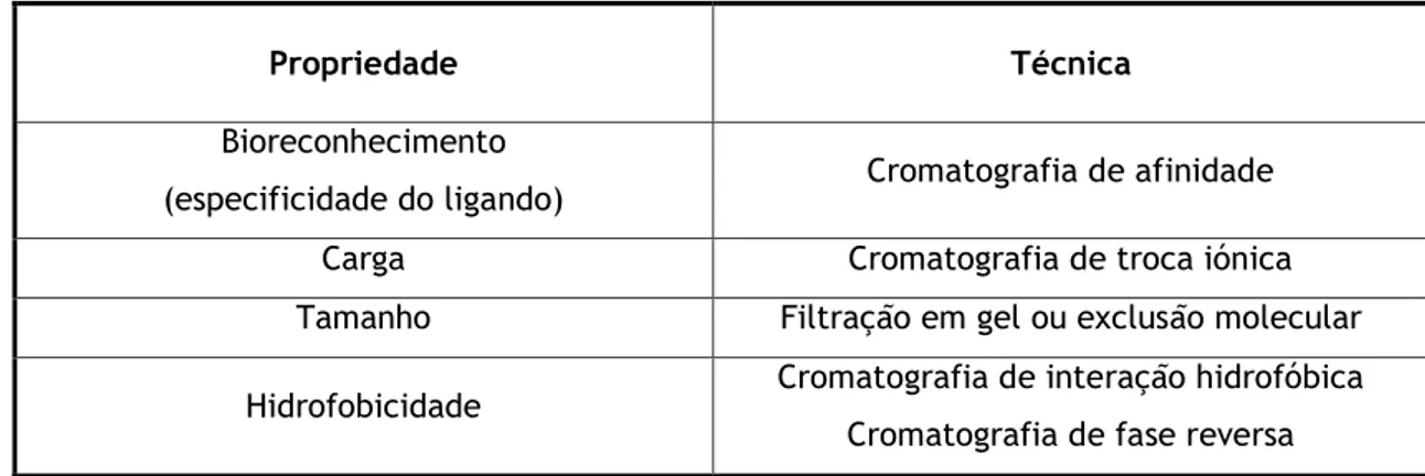Tabela 1. Classificação dos métodos cromatográficos de acordo com as diferenças nas propriedades das  biomoléculas (adaptada de Healthcare, 2010)