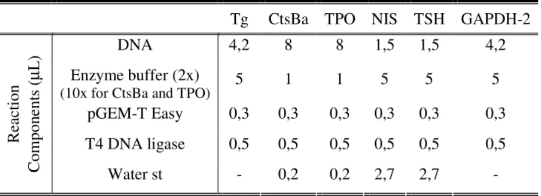 Table 2.5: Reaction components for the ligation of the PCR products of the several genes to the plasmid  pGEM-T Easy (indicated in volume in µL, in a reaction with 10µL in total)