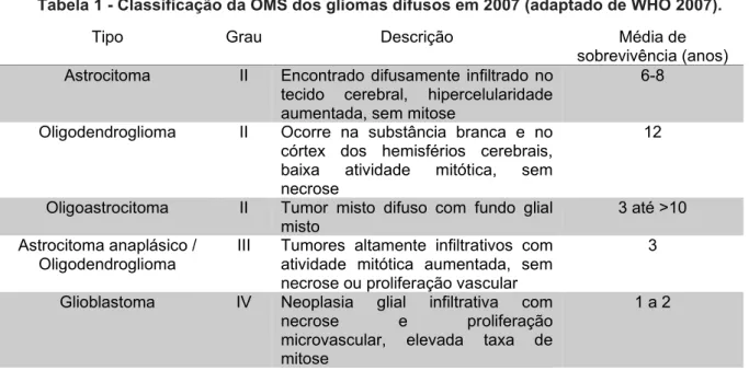 Tabela 1 - Classificação da OMS dos gliomas difusos em 2007 (adaptado de WHO 2007). 