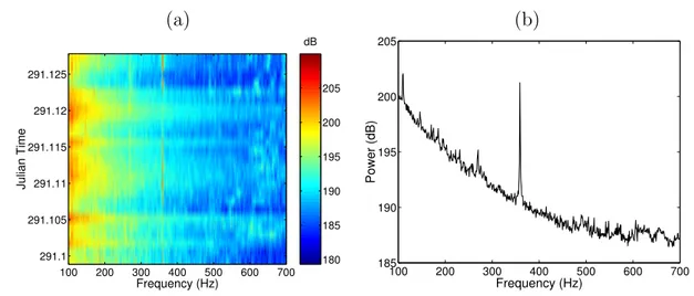 Figure 3.4: NRP D. Carlos I ship radiated noise received on hydrophone 8: time-frequency plot (a) and mean power spectrum (b).