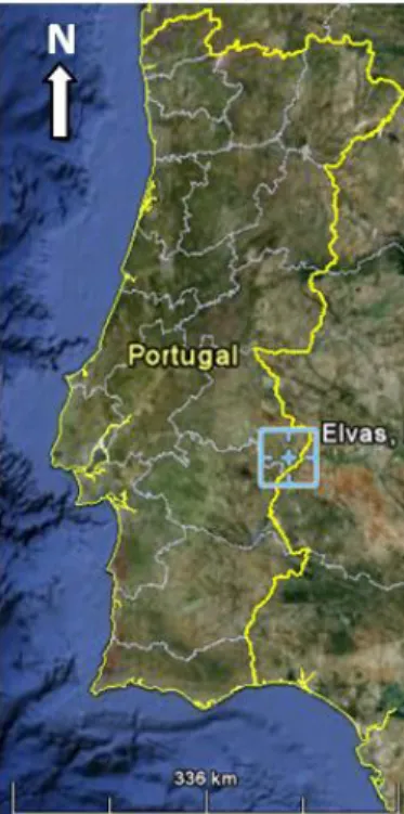 Figura 2- Mapa de Portugal com a localização de Elvas (Google Earth © , 2010). 