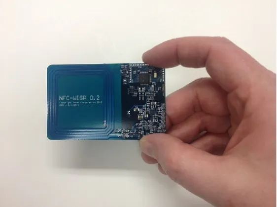 Figure 2.13: The NFC-WISP device shown by its author, Alanson Sample [Ala11].