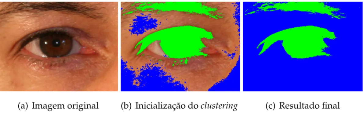 Figura 2.12: Várias etapas do método de clustering para uma localização grosseira da íris apresentado por Tan et al