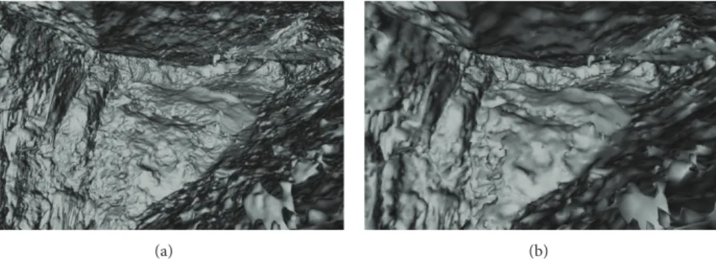 Figure 2: The 3D model of the cave chamber with 10 038 522 triangles (a) and its simplification after decimation process with 249 934 triangles for Web3D (b).