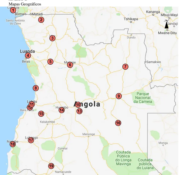 Figura 1 - Mapa geográfico de Angola com a localização de estabelecimentos prisionais com a  entrada na década de 70