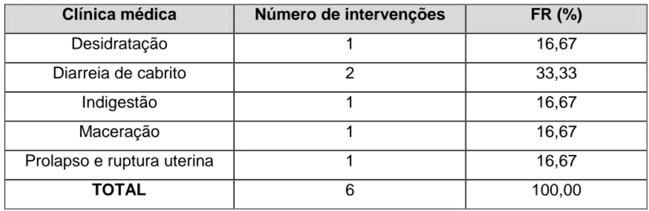 Tabela 19: Causas de intervenção na área de clínica médica em caprinos. 