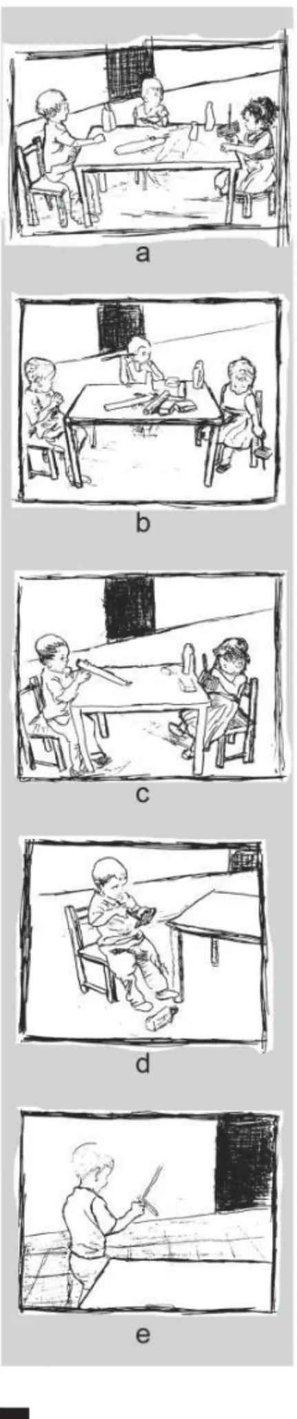 Figura 2. Episódio En ﬁ  ar varetas na grade: a. Vane brinca  com uma vareta de madeira