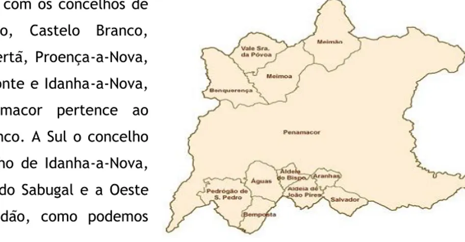 Ilustração 1 Mapa Concelho de Penamacor 2 A Este, o concelho  de  Penamacor faz fronteira com  a cidade  espanhola de Valverde  del Fresno (Câmara Municipal de Penamacor, 2006: 6)