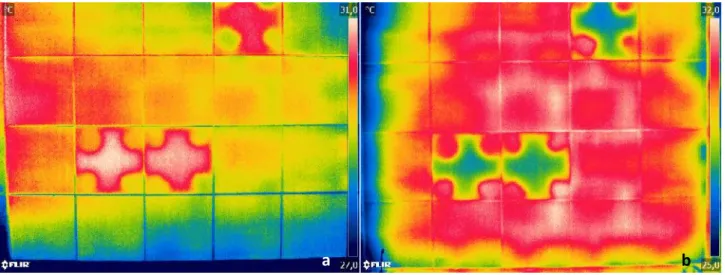 Figure 10 presents two thermograms taken to the bottom half of the black panel from cell 2 (C2_B) taken during the day (maximum differential – 3:30 pm) and at night (minimum differential – 10:15 pm).