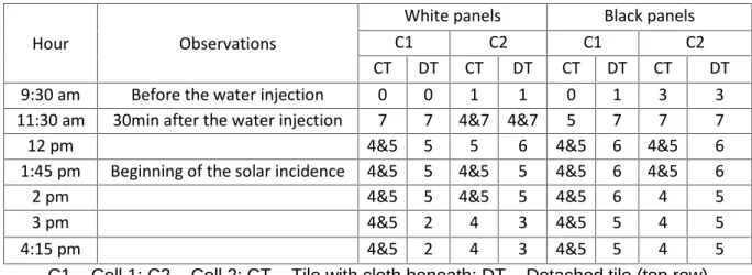 Table 1 - Classification of the phenomena visible in the thermograms taken during the humidity experimental survey