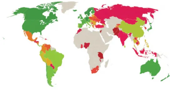 Figura 2 - Mapa do Ranking do Indice Global de Envelhecimento, retirado do “Índice  Global del Envejecimiento 2013 – Resumen” 