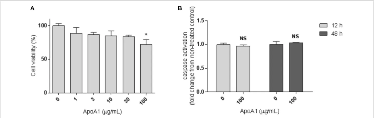 FIGURE 1 | ApoA1 decreases the viability of ovarian cancer cells without affecting caspase activation