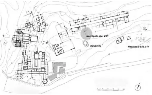 Figura 2 – Planta das ruínas do Cerro da Vila com os espaços funerários romano e da An- An-tiguidade Tardia assinalados.