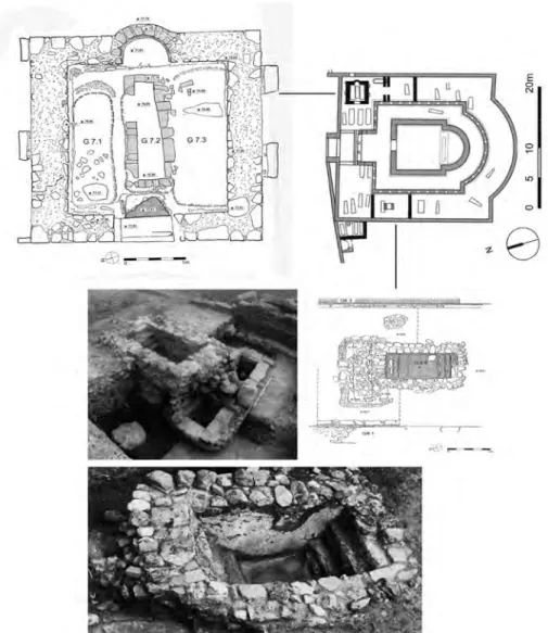 Figura 3 – Capela funerária/mausoléu e baptistério construídos no períbolo do templo de  Milreu no século vi (Hauschild, 1980; Teichner, 2008, p