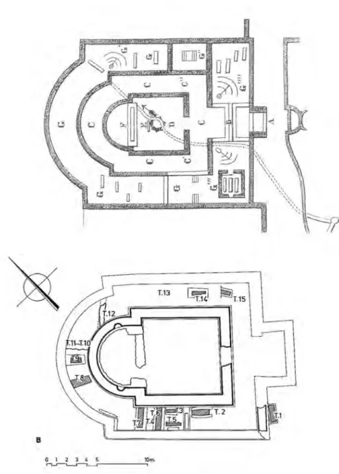 Figura 4 – Deposição funerária, a partir do século V, nos períbolos dos templos de Milreu  (em cima e segundo planta de Britto Rebelo, apud Teichner, 2008:252) e de S