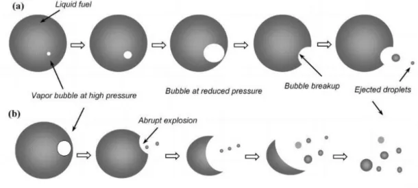 Figure 1.8: Sequence regarding nucleation, bubble growth, and the breakup of parent  droplet: (a) Schematic of puffing; (b) Micro explosions
