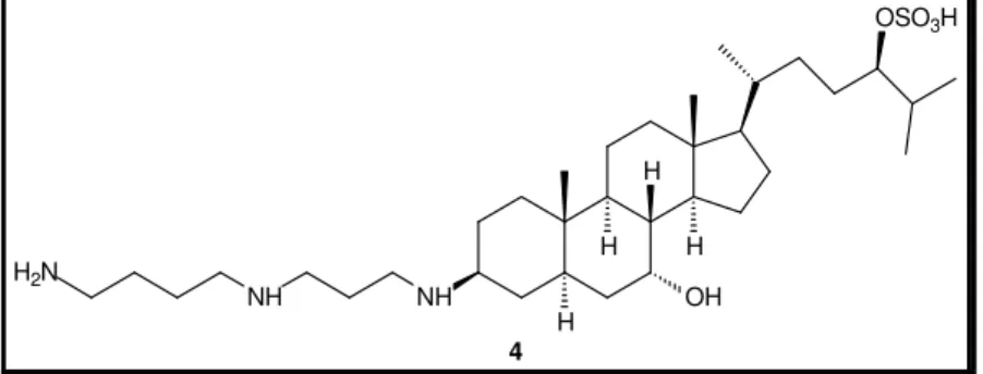Figura 3. Aminoesteróide anfifílico antitumoral e bactericida esqualamina (4), isolado do tubarão Squalus  acanthias