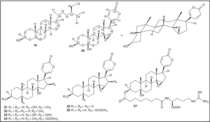 Figura 8. Exemplos de esteróides isolados de sapos bufonídeos. A numeração observada na  marinobufagina (20) refere-se aos átomos de carbono na estrutura dos bufadienolídeos