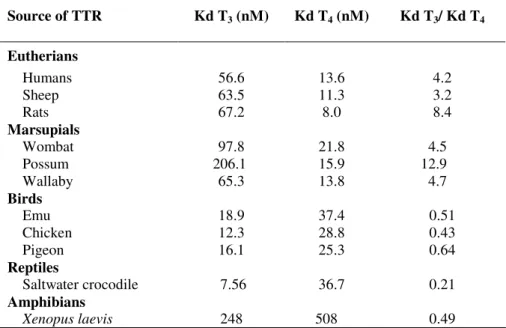 Table  2.  Dissociation  constants  (Kd  values)  for  TTR-TH  binding  from  several  species  representatives of different vertebrates groups