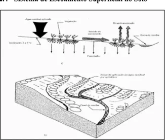 Figura 3 - Processos de aplicação da água residual pelo sistema de escoamento superficial no solo e métodos de aplicação da água tratada: a) por escoamento hidráulico, b) corte esquemático do sistema com aplicação por sprinklers.