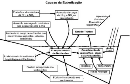 Figura 1.2. Esquema ilustrativo dos principais factores reguladores do processo de eutrofização num  sistema de águas interiores (adaptado de National Eutrophication Monitoring Programme, 2002) 