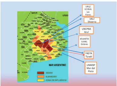 Figura 1. Expansión y superposición de carreras de Abogacía en el radio geográfico del  sudoeste de la provincia de Buenos Aires