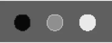 Figure 1. Example of achromatic surface grouping. The central and right disks group more probably because their colors are more similar.