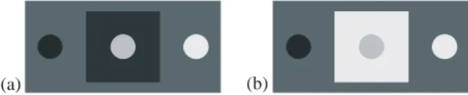 Figure 2. Reproductions of the three test disks shown in Figure 1: (a) with a black context square and (b) with a white context square.