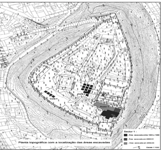 FIGURA 2. Planta Topográfica do Castelo com a localização das áreas escavadas.