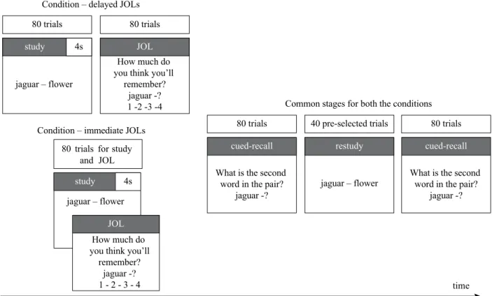 Figure 1. Schematic illustration of the experimental paradigm of metamemory for the conditions of delayed and immediate  JOLs